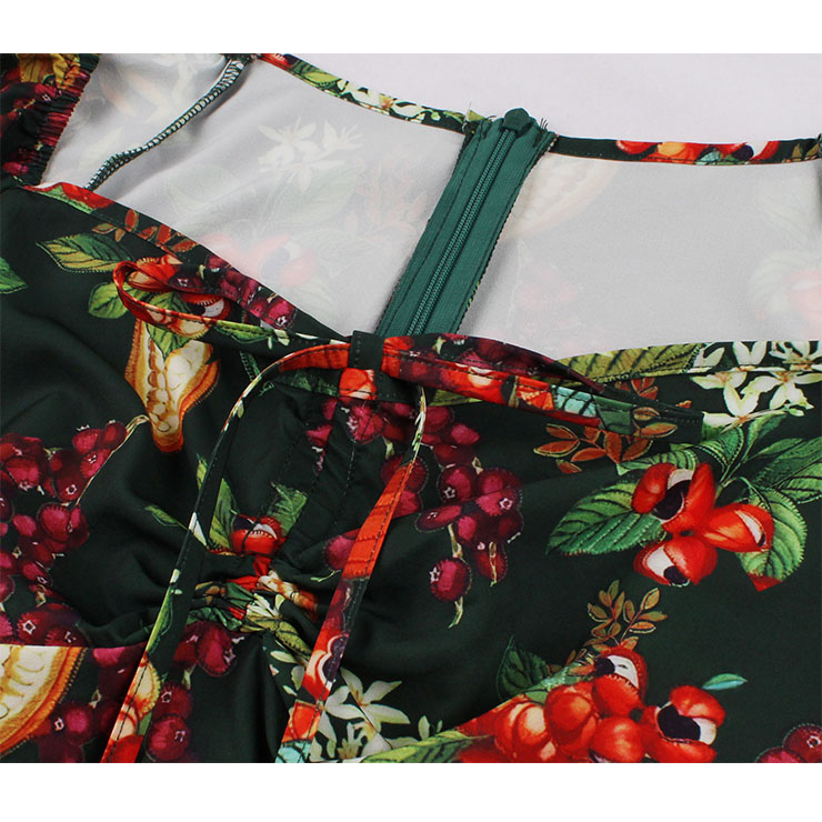 Vintage Floral Print Sweetheart Drawstring Lace-up Short Sleeve High Waist Midi Dress N22204