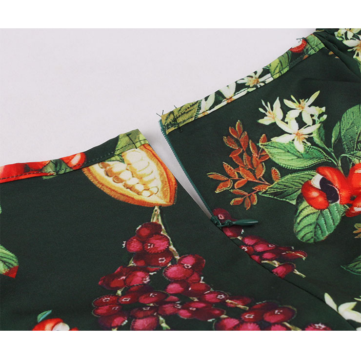 Vintage Floral Print Sweetheart Drawstring Lace-up Short Sleeve High Waist Midi Dress N22204