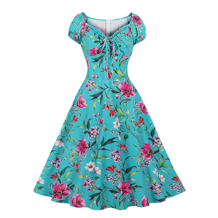 Vintage Floral Print Sweetheart Drawstring Lace-up Short Sleeve High Waist Midi Dress N22205