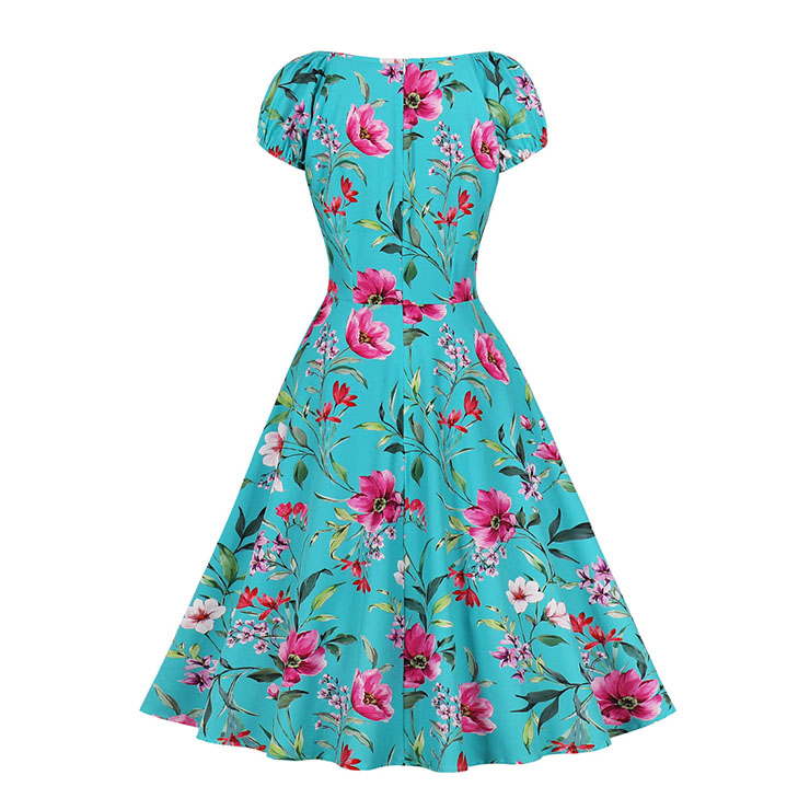 Vintage Floral Print Sweetheart Drawstring Lace-up Short Sleeve High Waist Midi Dress N22205