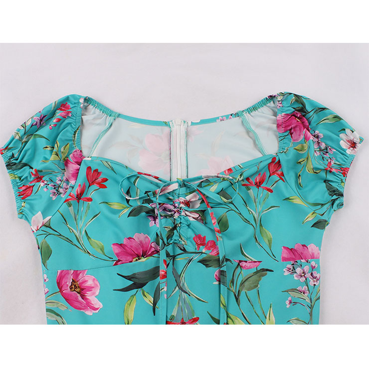Vintage Floral Print Sweetheart Drawstring Lace-up Short Sleeve High Waist Midi Dress N22205