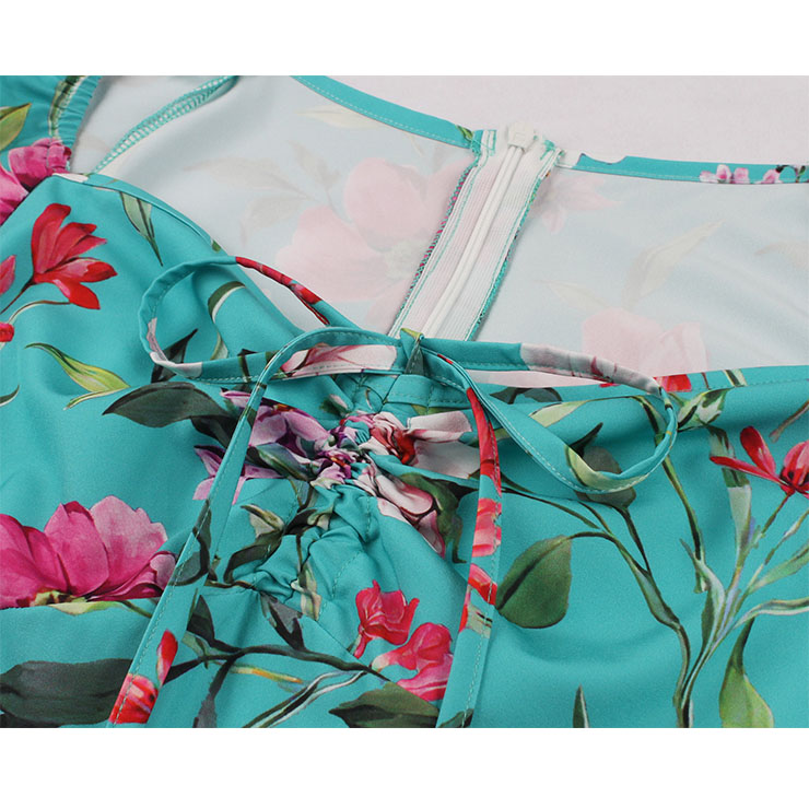 Vintage Floral Print Sweetheart Drawstring Lace-up Short Sleeve High Waist Midi Dress N22205