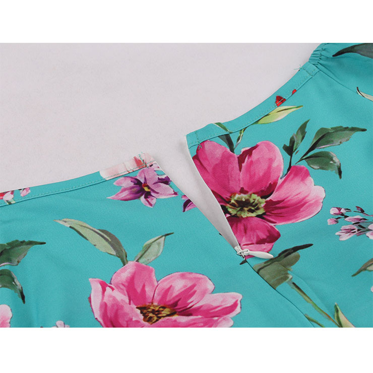 Vintage Floral Print Sweetheart Drawstring Lace-up Short Sleeve High Waist Midi Dress N22205