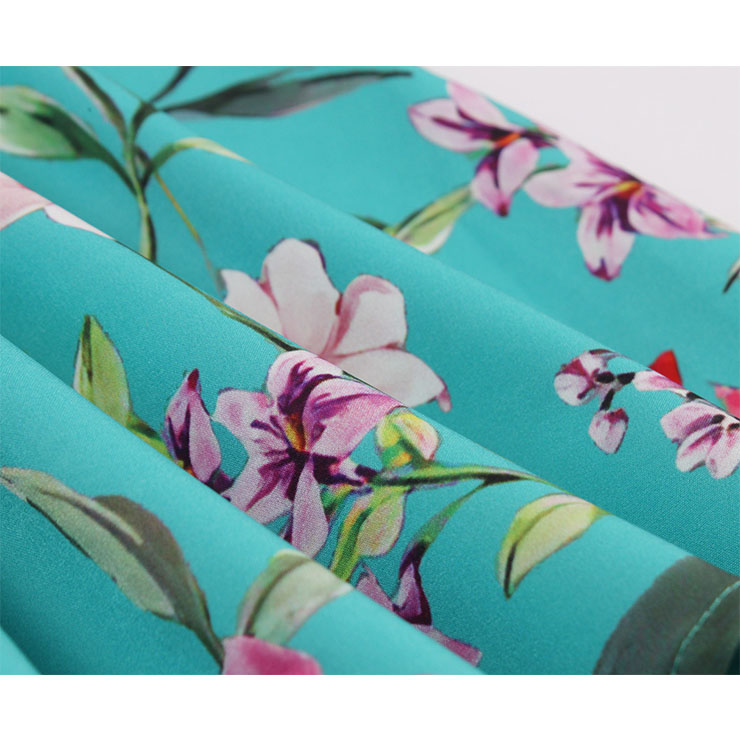Vintage Floral Print Sweetheart Drawstring Lace-up Short Sleeve High Waist Midi Dress N22205