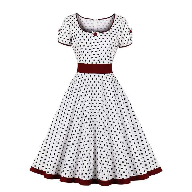White Print Square Neck Black Wave Point Short Sleeve High Waist Swing Dress N23020