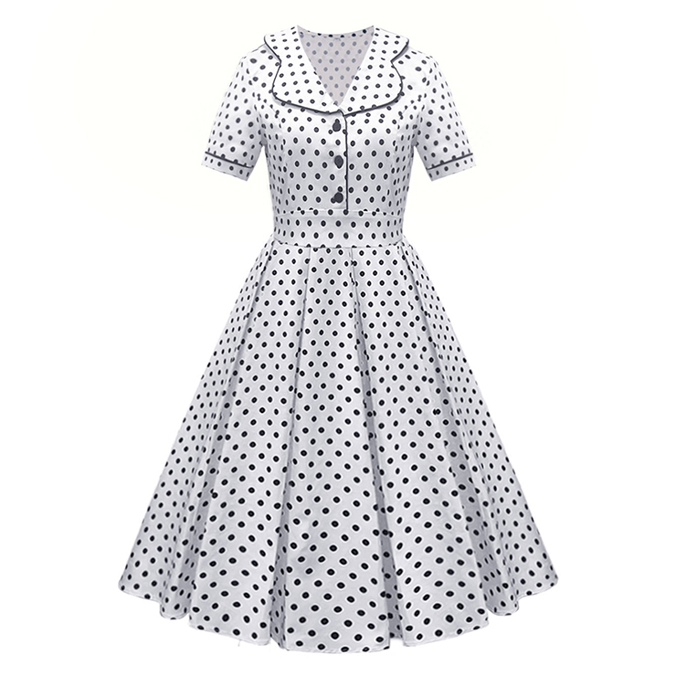 Women Vintage Cocktail Dress Lapel V Neck Polka Dot 1950s Retro Aline Swing Party Dresses N23485