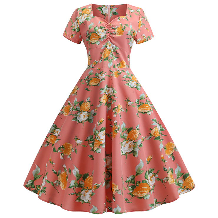 Vintage Floral Print Pleated Sweetheart Neckline Short Sleeves