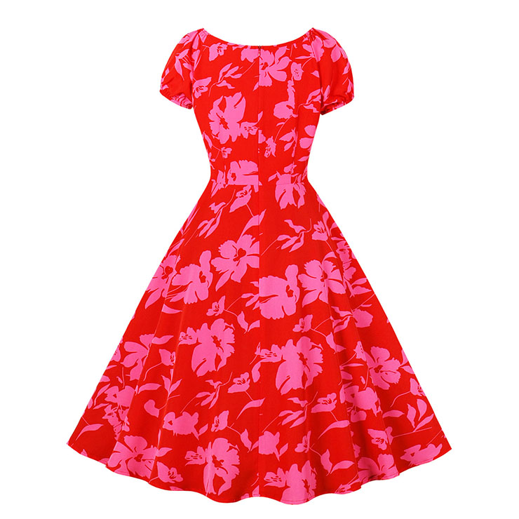 Vintage Elegant Red Printed Short Sleeve Round Neck High Waist Zipper Midi Dress N23155