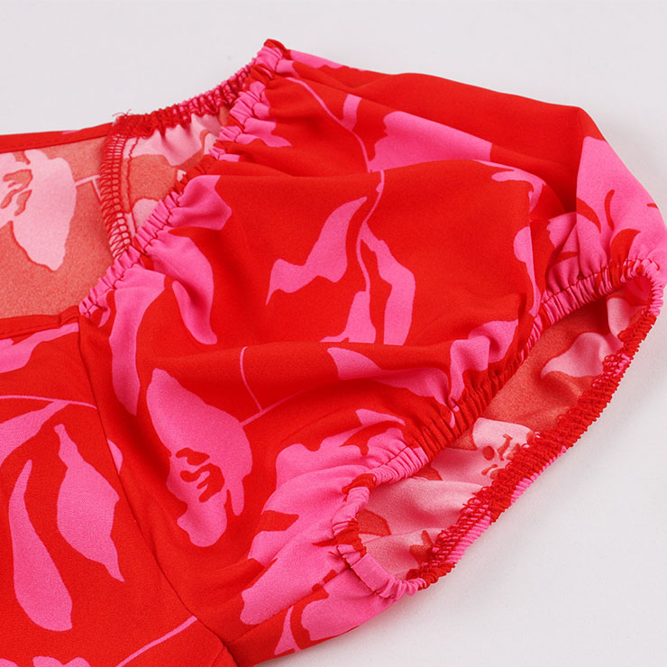 Vintage Elegant Red Printed Short Sleeve Round Neck High Waist Zipper Midi Dress N23155