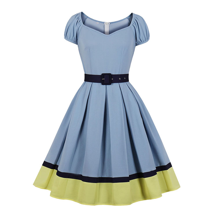 1950's Vintage Bateau Neck Puff Sleeve High Waist Color Blocking Cocktail Belted Swing Dress N21486