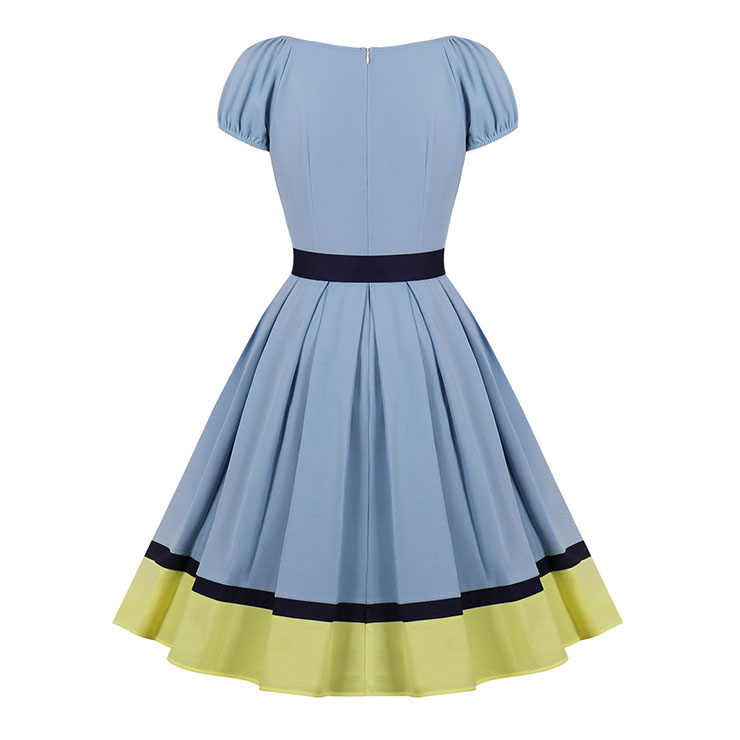 1950's Vintage Bateau Neck Puff Sleeve High Waist Color Blocking Cocktail Belted Swing Dress N21486