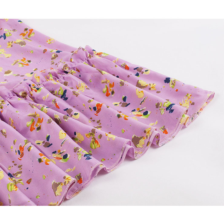 Sexy Purple Bow-knot Tie Collar Short Sleeve Floral Print High Waist Ruffle Midi Dress N20833