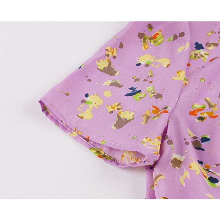 Sexy Purple Bow-knot Tie Collar Short Sleeve Floral Print High Waist Ruffle Midi Dress N20833