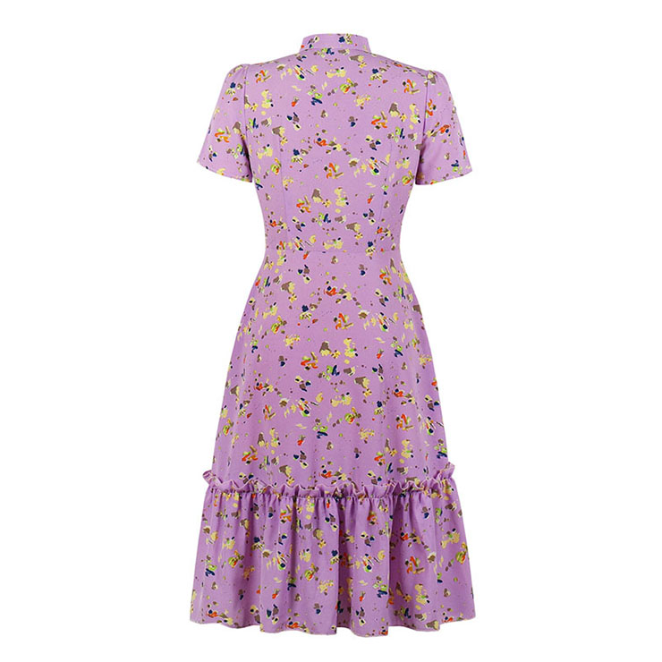 Sexy Purple Bow-knot Tie Collar Short Sleeve Floral Print High Waist Ruffle Midi Dress N20833