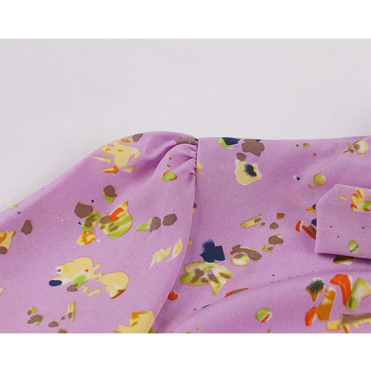 Sexy Purple Bow-knot Tie Collar Short Sleeve Floral Print High Waist Ruffle Midi Dress N20833