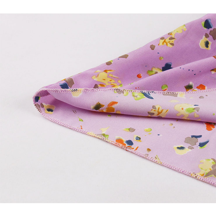 Sexy Purple Bow-knot Tie Collar Short Sleeve Floral Print High Waist Ruffle Midi Dress N20833