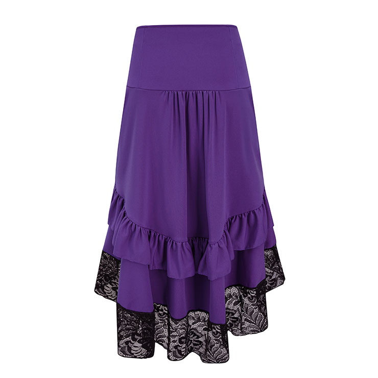 Vintage Gothic Purple High Waist Button Lace Trim Ruffled High-low Skirt N22768