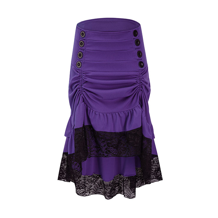 Vintage Gothic Purple High Waist Button Lace Trim Ruffled High-low Skirt N22768