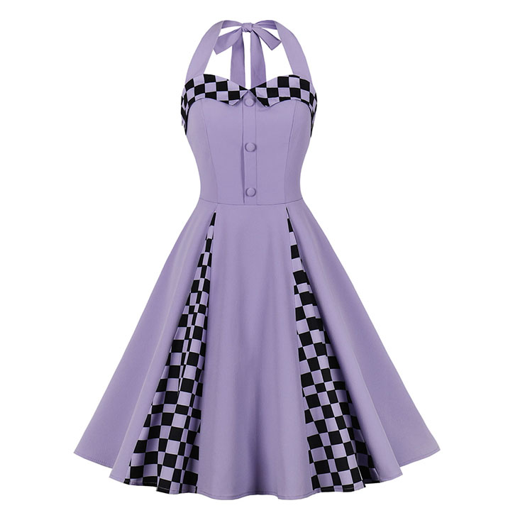 Vintage Purple Hanging Neck Sleeveless Casual Cocktail Big Swing Dress N22748