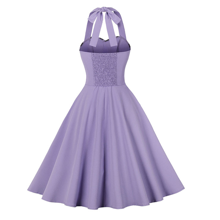 Vintage Purple Hanging Neck Sleeveless Casual Cocktail Big Swing Dress N22748