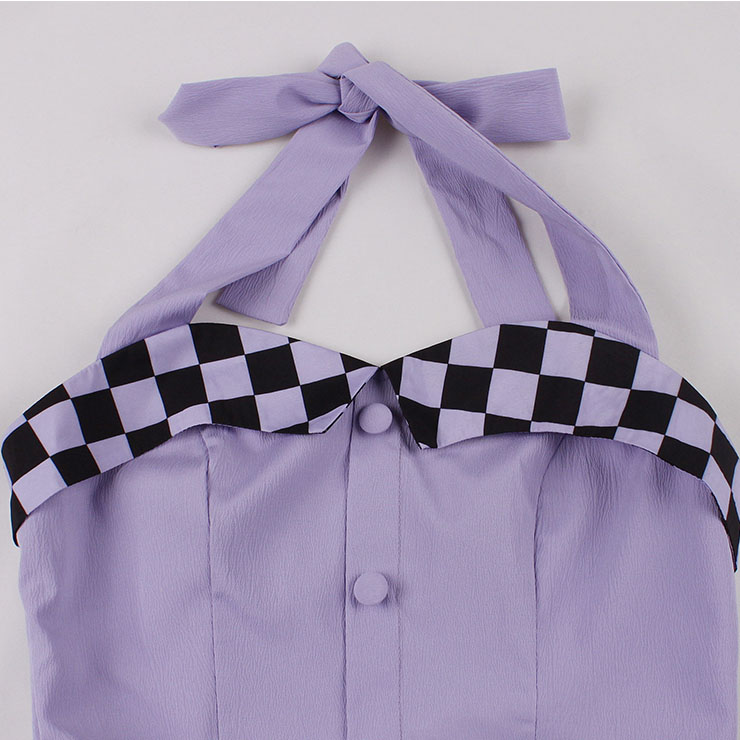 Vintage Purple Hanging Neck Sleeveless Casual Cocktail Big Swing Dress N22748
