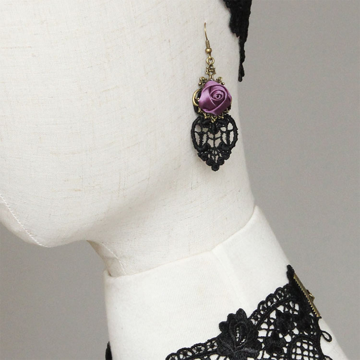 Vintage Purple Rose Heart Lace Alloy Earrings J18401