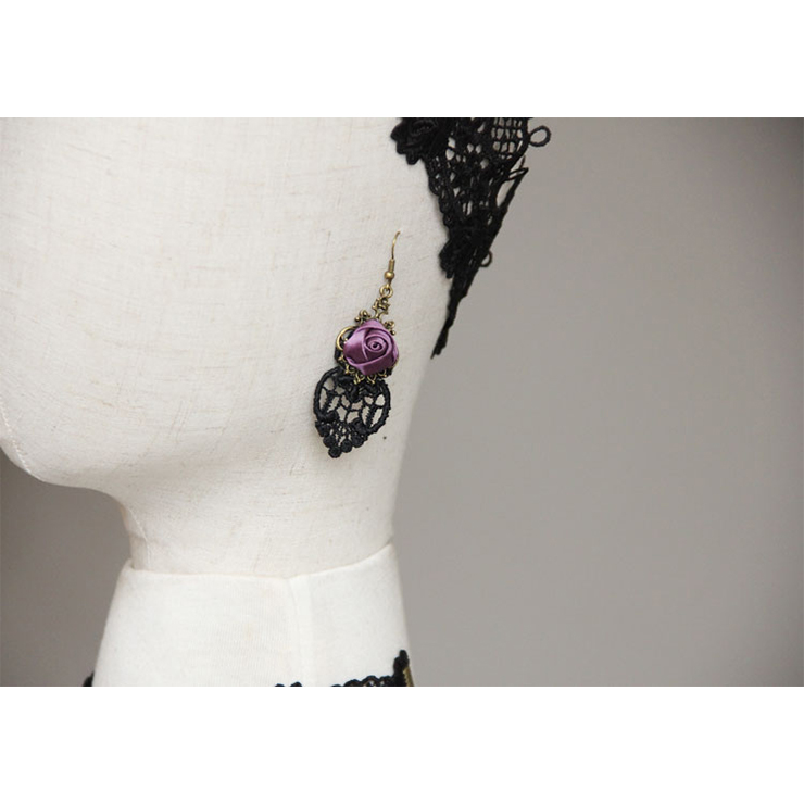 Vintage Purple Rose Heart Lace Alloy Earrings J18401