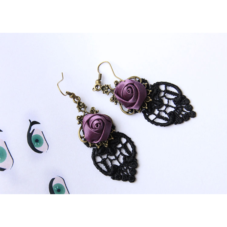 Vintage Purple Rose Heart Lace Alloy Earrings J18401