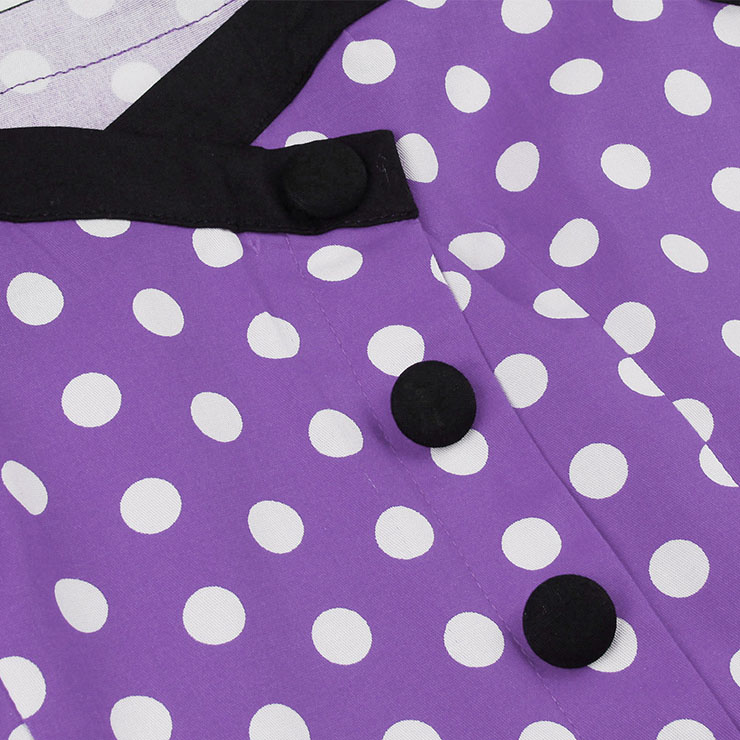 Vintage Purple Sweetheart Round Dot Lace-up Short Sleeve High Waist Midi Dress N22775