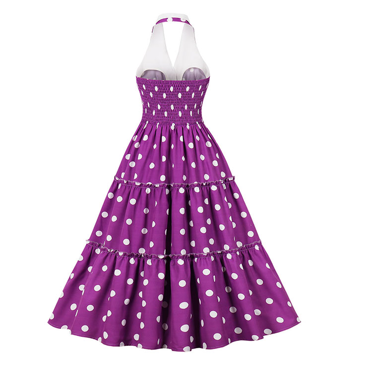 Vintage Purple Hanging Neck V Neck Backless High Waist Summer Cocktail Party A-line Dress N22742