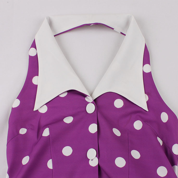 Vintage Purple Hanging Neck V Neck Backless High Waist Summer Cocktail Party A-line Dress N22742