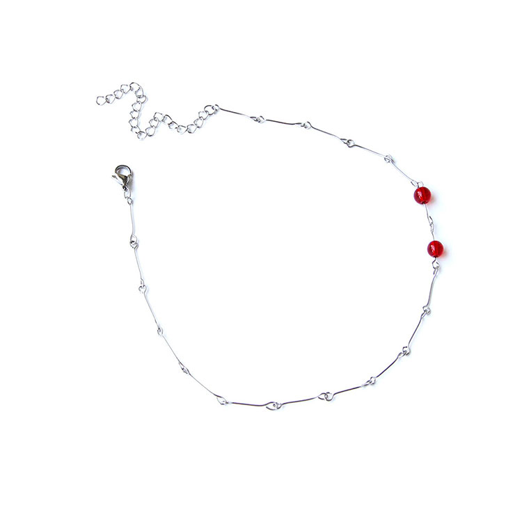 Vintage Silver Alloy Choker Red Beads Embellished Necklace J19699