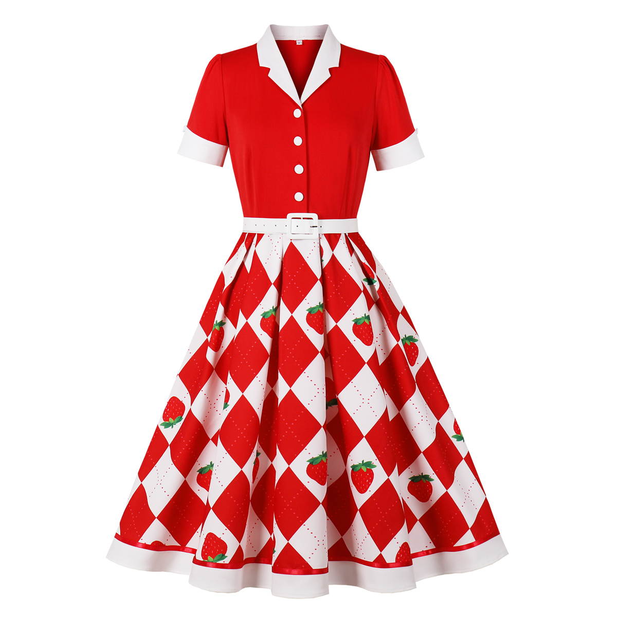 Vintage Strawberry & Polka Dot Mini Dress with Red Ribbon Waist Tie and Heart Buttons N23825