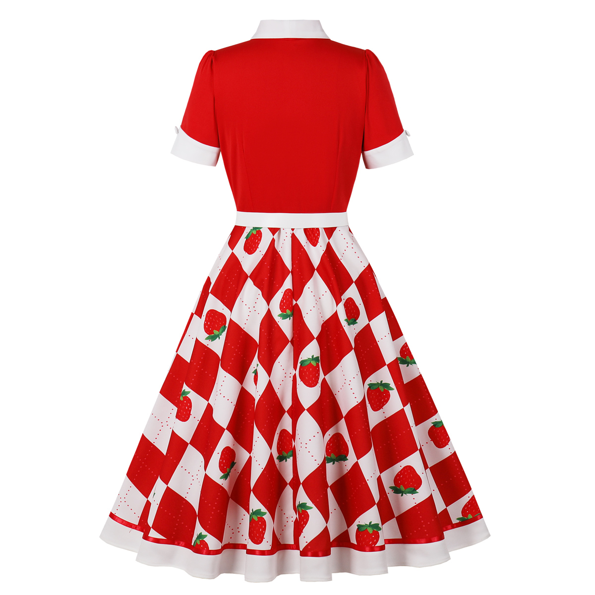 Vintage Strawberry & Polka Dot Mini Dress with Red Ribbon Waist Tie and Heart Buttons N23825