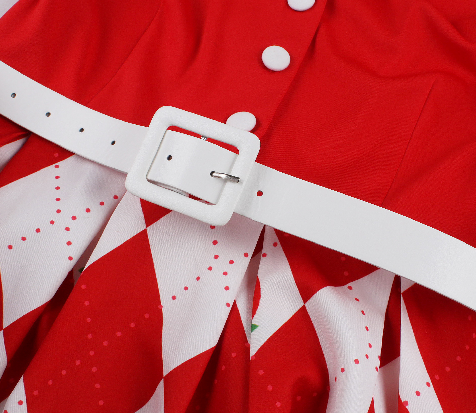 Vintage Strawberry & Polka Dot Mini Dress with Red Ribbon Waist Tie and Heart Buttons N23825