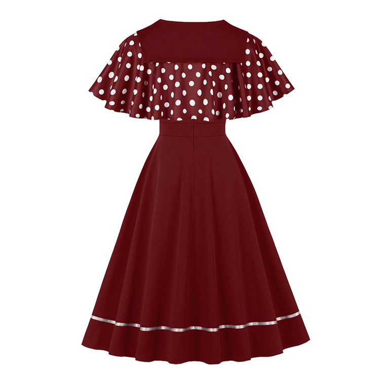 Vintage 2 - Piece Polka Dot & Wine Red Dress Set (Peter Pan Collar Cape + Sleeveless A - line Dress) N23932