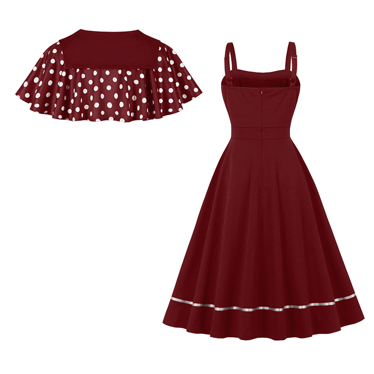 Vintage 2 - Piece Polka Dot & Wine Red Dress Set (Peter Pan Collar Cape + Sleeveless A - line Dress) N23932