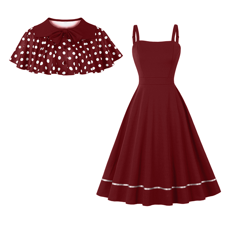 Vintage 2 - Piece Polka Dot & Wine Red Dress Set (Peter Pan Collar Cape + Sleeveless A - line Dress) N23932