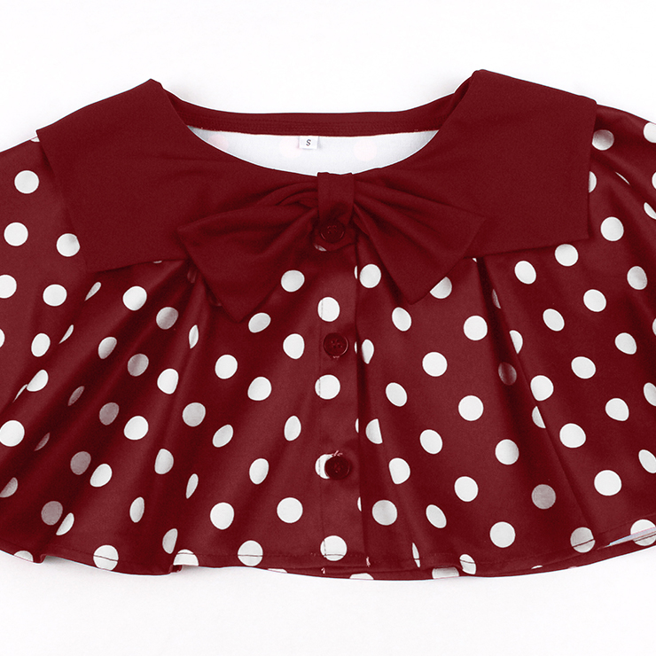 Vintage 2 - Piece Polka Dot & Wine Red Dress Set (Peter Pan Collar Cape + Sleeveless A - line Dress) N23932