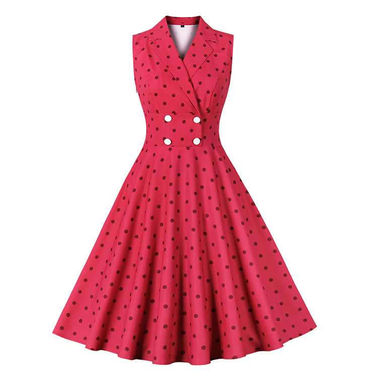 Vintage Red Round Dot Sleeveless High Waist Summer Cocktail Party Midi Dress N22833