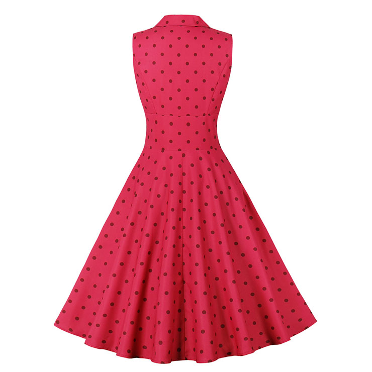 Vintage Red Round Dot Sleeveless High Waist Summer Cocktail Party Midi Dress N22833