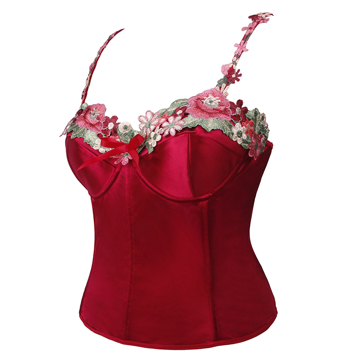 Vintage Red Satin Shapewear - Floral Lace Corset with Adjustable Straps for Elegant Occasions N237824