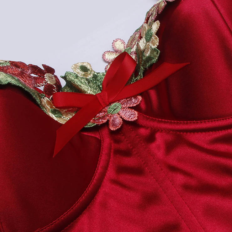 Vintage Red Satin Shapewear - Floral Lace Corset with Adjustable Straps for Elegant Occasions N237824