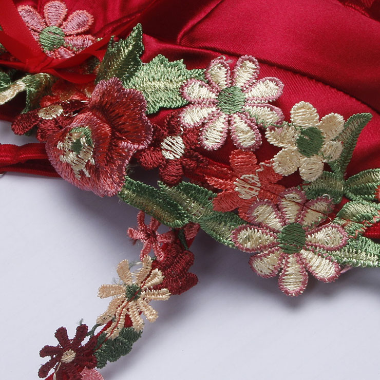 Vintage Red Satin Shapewear - Floral Lace Corset with Adjustable Straps for Elegant Occasions N237824