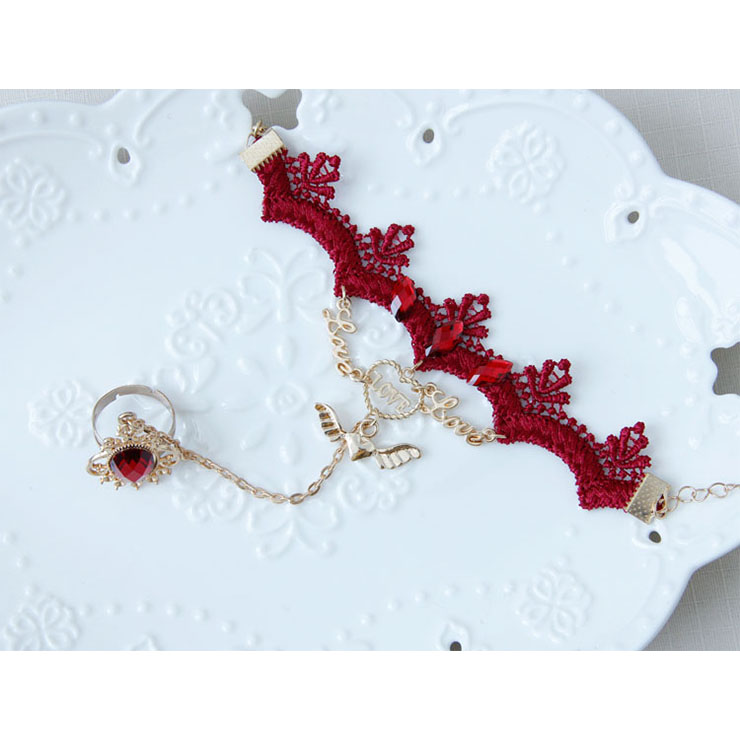 Vintage Red Wristband Golden Heart Embellished Bracelet with Ring J18086