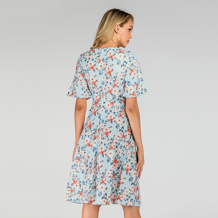 Vintage Light-blue Floral Printed Low-cut Tying Short Sleeve High Waist Summer Day Dress N19505