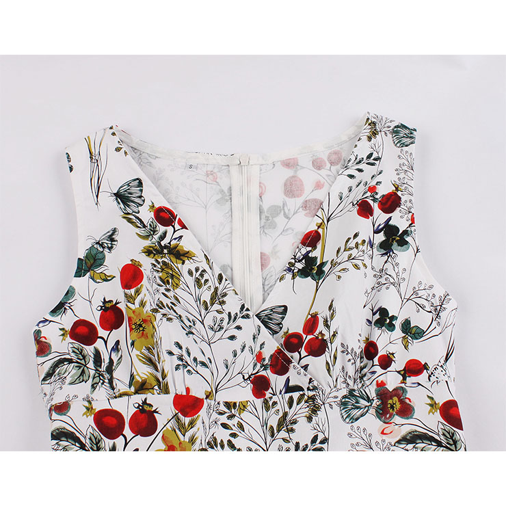 Vintage Floral Printed V Neck High-waisted Sleeveless Cocktail Midi Dress with Belt N19087
