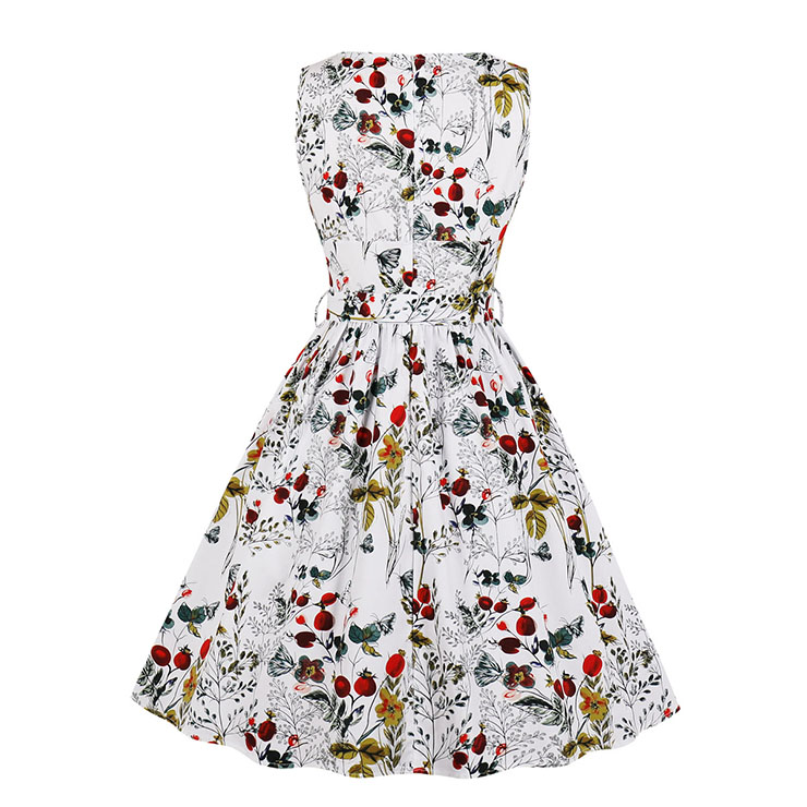 Vintage Floral Printed V Neck High-waisted Sleeveless Cocktail Midi Dress with Belt N19087