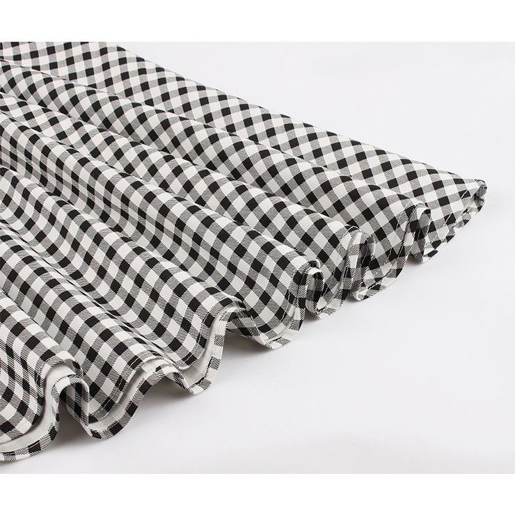 Vintage Black and White Check Lapel Short Sleeve High Waist A-line Midi Dress N19142