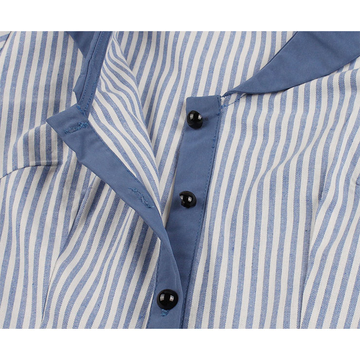 Elegant Pinstripe Lapel Short Sleeve Front Button High Waist Day Dress N19497